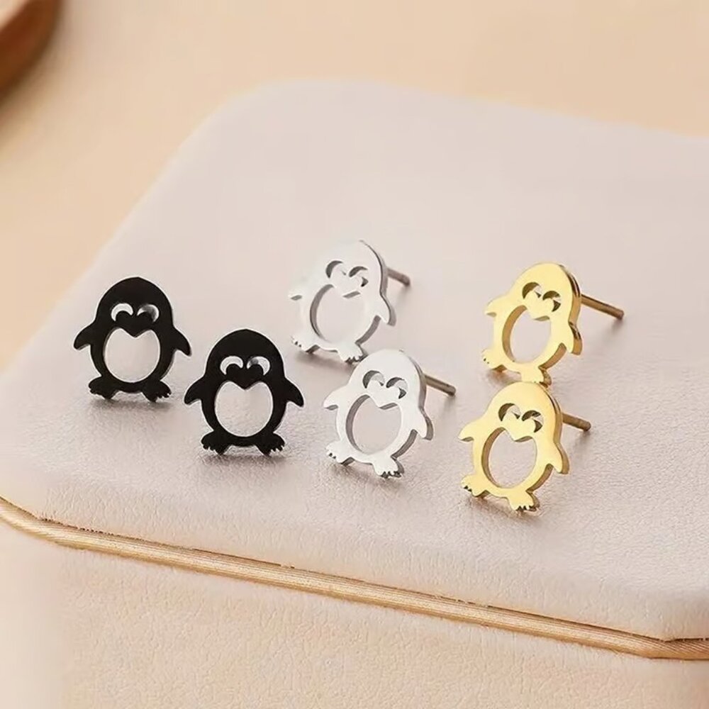 Set (3) Pair of PENGUIN Stud Earrings (Gold, Silver, Black)